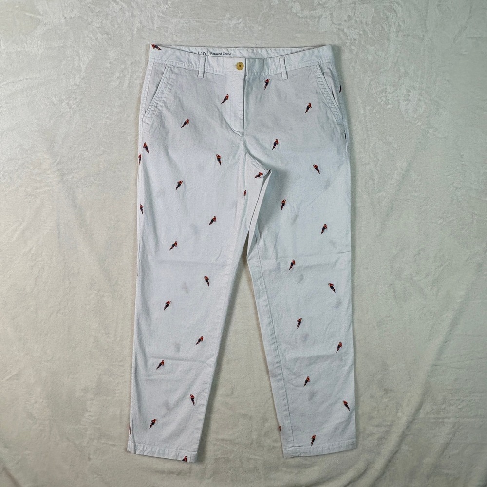Talbots Relaxed Chino Pants Womens 10 White Excellent Parrot Embroidered Cotton